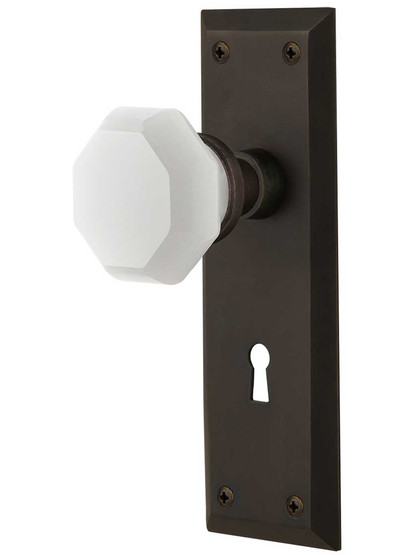 New York Mortise Lock Set with Milk White Waldorf Crystal Glass Knobs in Oil-Rubbed Bronze.